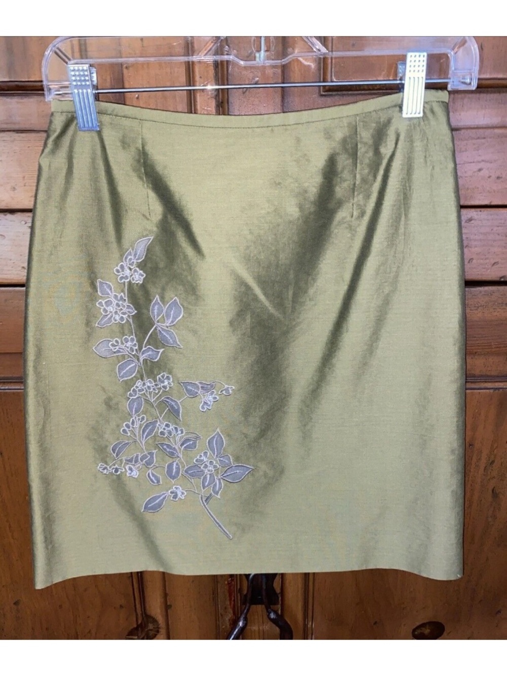 Vintage 90's Y2K ANN TAYLOR PETITES Skirt-Olive Green-Embroidered Floral-2P